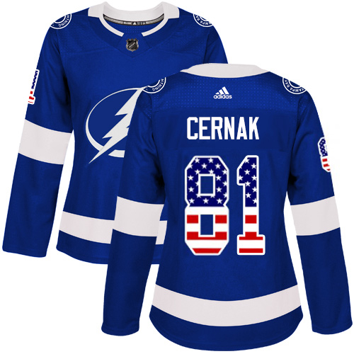 Adidas Tampa Bay Lightning #81 Erik Cernak Blue Home Authentic USA Flag Women Stitched NHL Jersey->women nhl jersey->Women Jersey